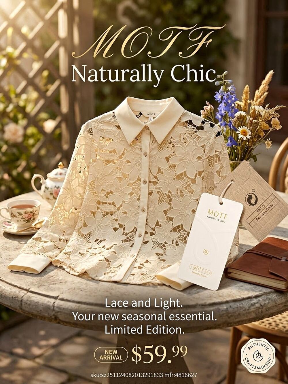 MOTF Naturally ChicLace Blouse Cream Floral Hollow Out Button Up Shirt NWT small